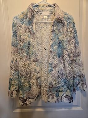 Alfred Dunner Lace Open-Front Cardigan in White, Purple, Blue, Green, Gray